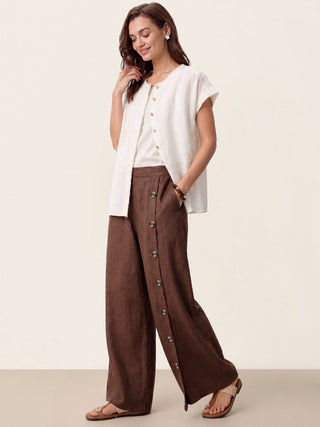 LINTICO KATYA 100% linen buttoned slit-hem pants in espresso brown, casual bottom with relaxed fit and stylish design.