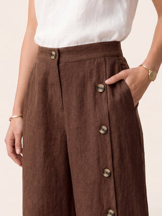 LINTICO Katya 100% linen buttoned slit-hem pants in espresso brown, stylish and lightweight for casual or dressy wear.