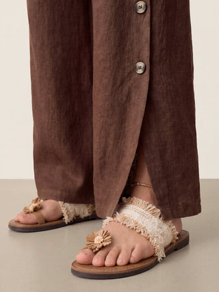 LINTICO 100% linen buttoned slit-hem pants in espresso brown, featuring a relaxed fit and stylish design.