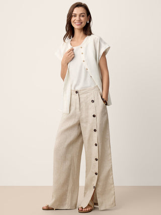 LINTICO 100% linen buttoned slit-hem pants in stone oat color, stylish casual bottoms with a relaxed fit and slit details.