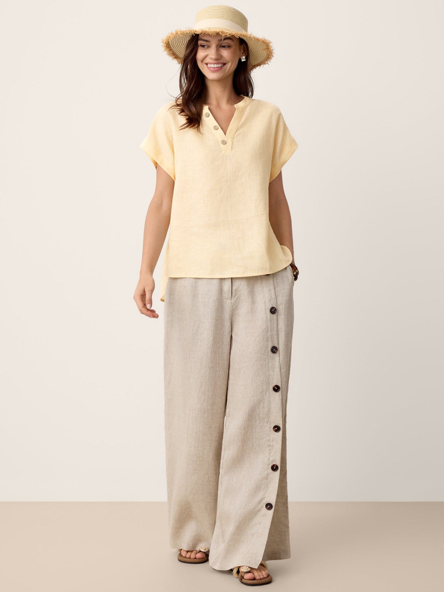 100% Linen Buttoned Slit-Hem Pants KATYA - Glamourous Grace