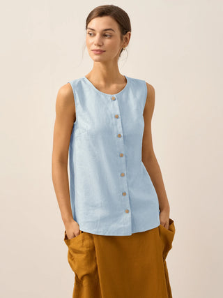 Baby blue linen tank top with button-down front by LINTICO, featuring a relaxed sleeveless design perfect for warm weather.