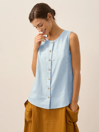 Baby blue linen button-down tank top by LINTICO, sleeveless design, lightweight and casual for warm weather wear.