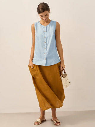 Baby blue linen tank top with button-down front by LINTICO, featuring a relaxed fit and sleeveless design.