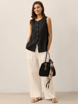 LINTICO charcoal black 100% linen button-down tank top with sleeveless design and relaxed fit.