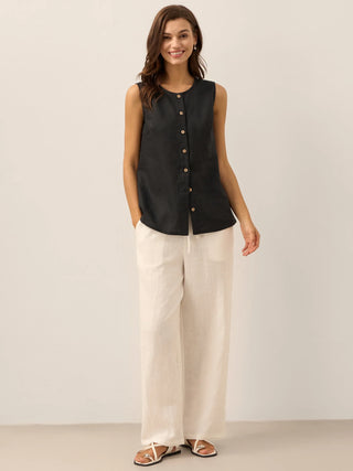 LINTICO 100% linen button-down tank top in charcoal black, casual sleeveless top with a relaxed fit.