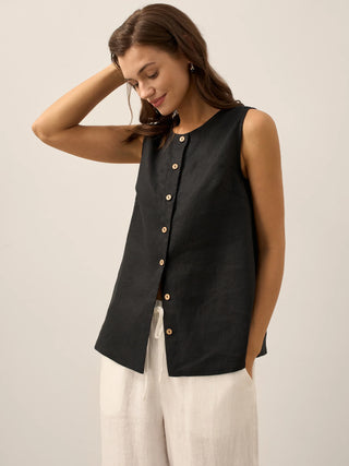 LINTICO 100% linen charcoal black button-down tank top for women, sleeveless and lightweight, casual summer top.