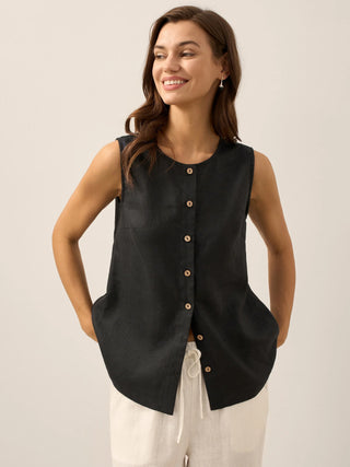 LINTICO 100% linen button-down tank top in charcoal black, casual sleeveless top with a relaxed fit and classic design.