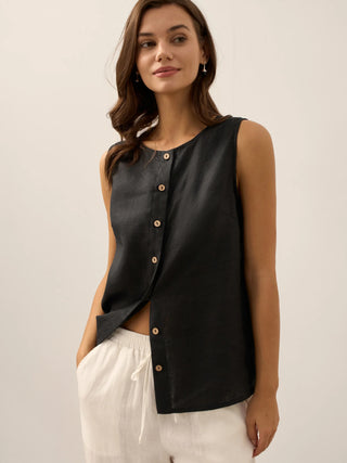 LINTICO 100% linen button-down tank top in charcoal black, sleeveless with a relaxed fit, perfect for warm weather.