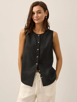 LINTICO charcoal black 100% linen button-down tank top with sleeveless design and relaxed fit, casual summer sleeveless top.