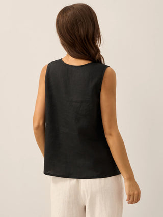 LINTICO 100% linen charcoal black button-down tank top for women, sleeveless and lightweight summer top.