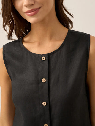 LINTICO 100% linen charcoal black button-down tank top, sleeveless summer top with a relaxed fit and classic design.