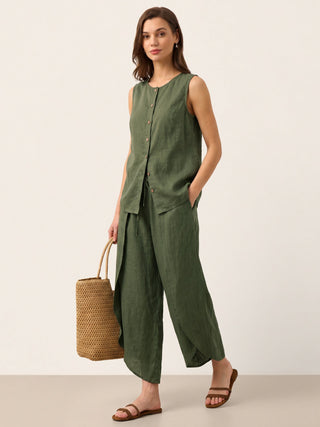 LINTICO Erin 100% linen button-down tank top in forest olive, casual sleeveless top with a relaxed fit.