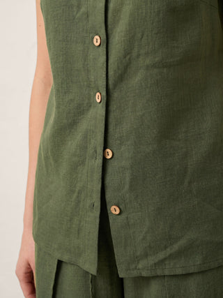 LINTICO Erin forest olive linen button-down tank top, sleeveless with a relaxed fit and front buttons, casual summer style.