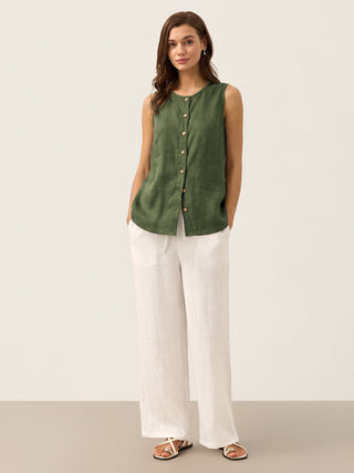 LINTICO Erin forest olive 100% linen button-down tank top, sleeveless design, lightweight and breathable for warm weather.