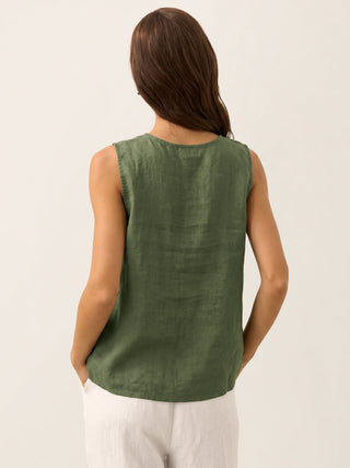 LINTICO Erin 100% linen button-down tank top in forest olive, sleeveless design, casual summer top for women.