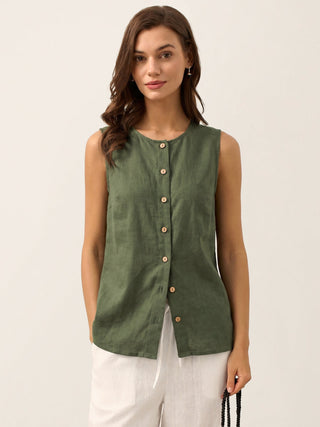 LINTICO Erin 100% linen buttons-down tank top in forest olive color, casual sleeveless top with front button closure.