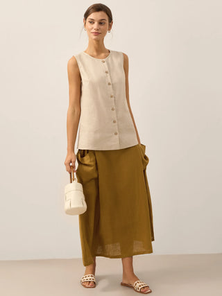 Khaki linen tank top with button-down front from LINTICO, featuring a relaxed fit and sleeveless design.