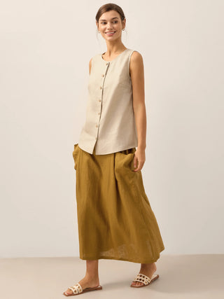 LINTICO 100% linen khaki button-down tank top, sleeveless and lightweight, ideal for casual summer wear.