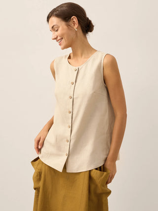 LINTICO 100% linen khaki button-down tank top for women, sleeveless with a relaxed fit and classic collar.