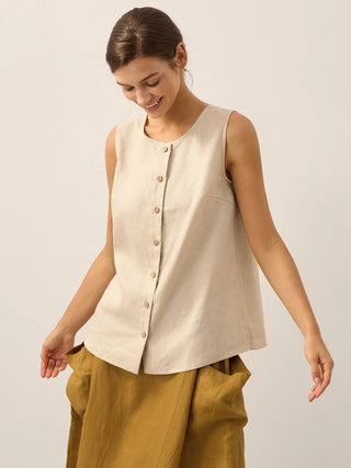 Khaki linen buttons-down tank top by LINTICO featuring a relaxed fit and sleeveless design, perfect for casual summer wear.