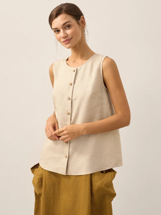 Khaki linen tank top with button-down front from LINTICO, casual sleeveless top for warm weather.