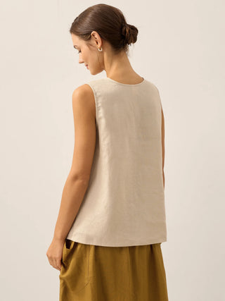 Khaki linen button-down tank top by LINTICO, sleeveless top with a relaxed fit and front button closure, ideal for warm weather.