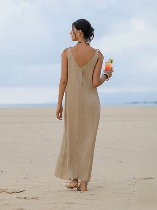 LINTICO 100% linen camisole maxi dress with relaxed fit, lightweight and breathable fabric, sleeveless design, neutral color.