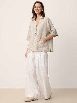 LINTICO 100% linen camp-collar patch-pocket top in stone oat color, casual and breathable summer blouse for women.