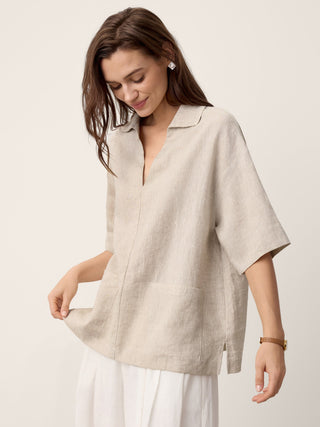 LINTICO 100% linen camp-collar patch-pocket top in stone oat color, casual and lightweight for warm weather.