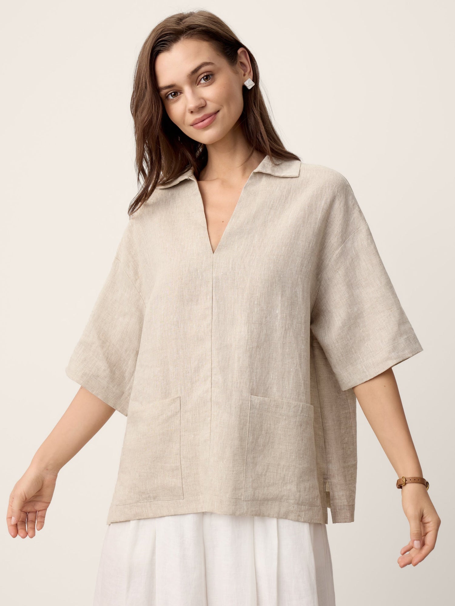 100% Linen Camp-Collar Patch-Pocket Top BRENNA - Glamourous Grace
