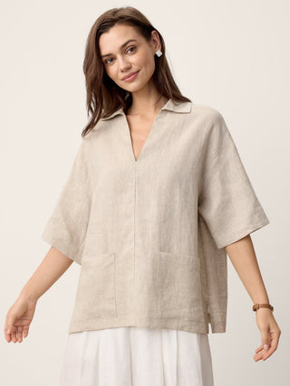 LINTICO 100% linen camp-collar top with patch pockets in stone oat color, casual and comfortable for summer wear.