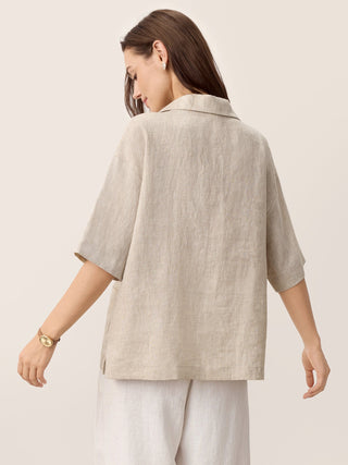 LINTICO 100% linen camp-collar patch-pocket top in stone oat color, casual and breathable for warm weather.