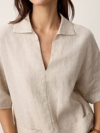 LINTICO 100% linen camp-collar patch-pocket top in stone oat, casual summer blouse with relaxed fit and breathable fabric.