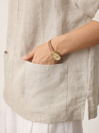 LINTICO 100% linen camp-collar patch-pocket top in stone oat color, casual and breathable women’s blouse, front view.