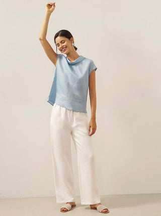 LINTICO 100% linen cap sleeve blouse with soft fold collar in ice blue, stylish top for casual or semi-formal wear.