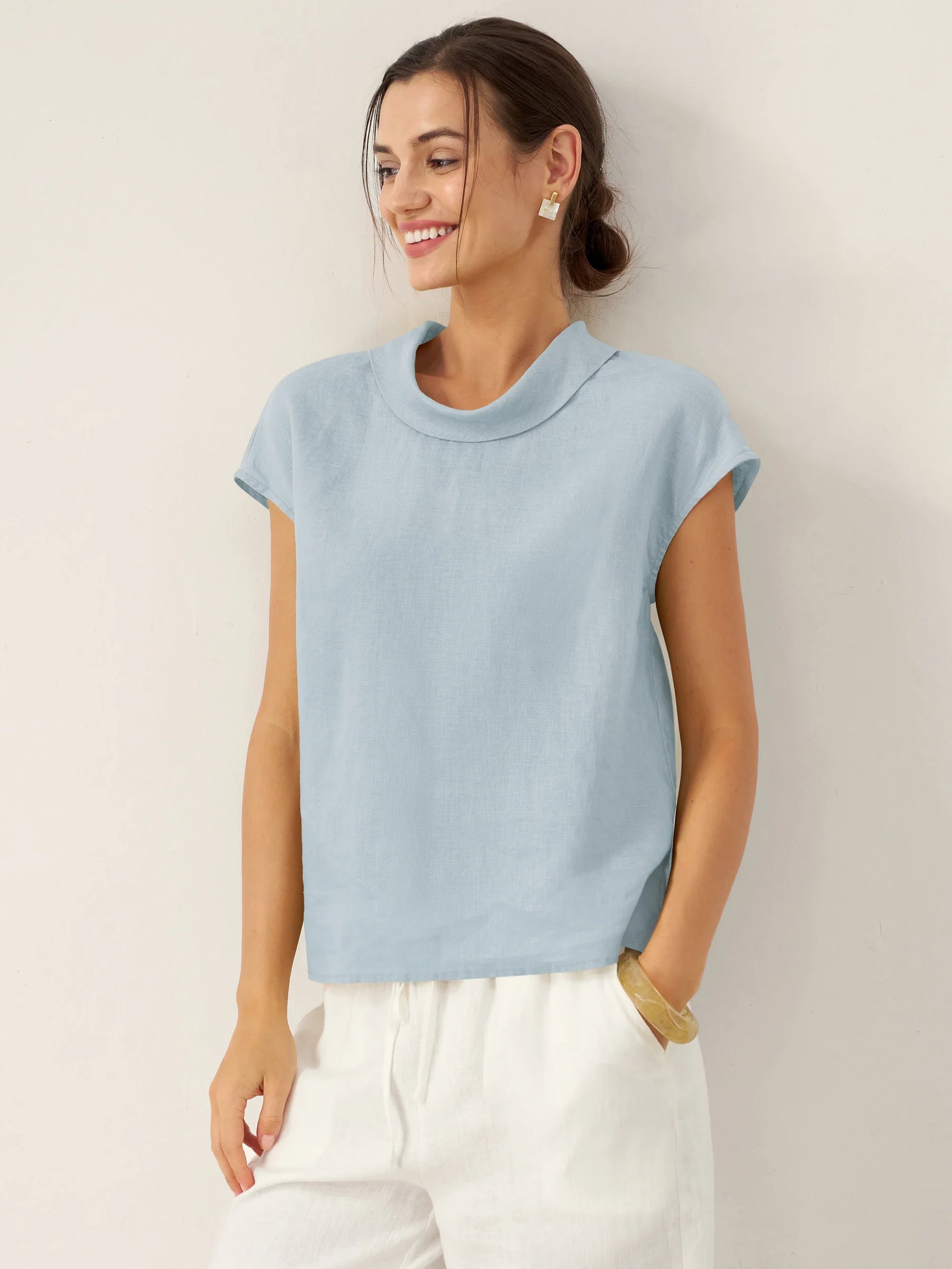 100% Linen Cap Sleeve Soft-Fold Collar Top YVONNE - Glamourous Grace