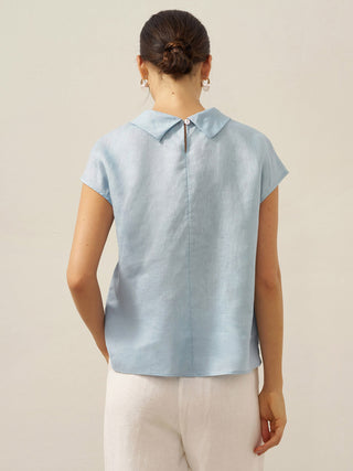 LINTICO 100% linen cap sleeve blouse with soft fold collar in ice blue, lightweight and breathable top for casual wear.