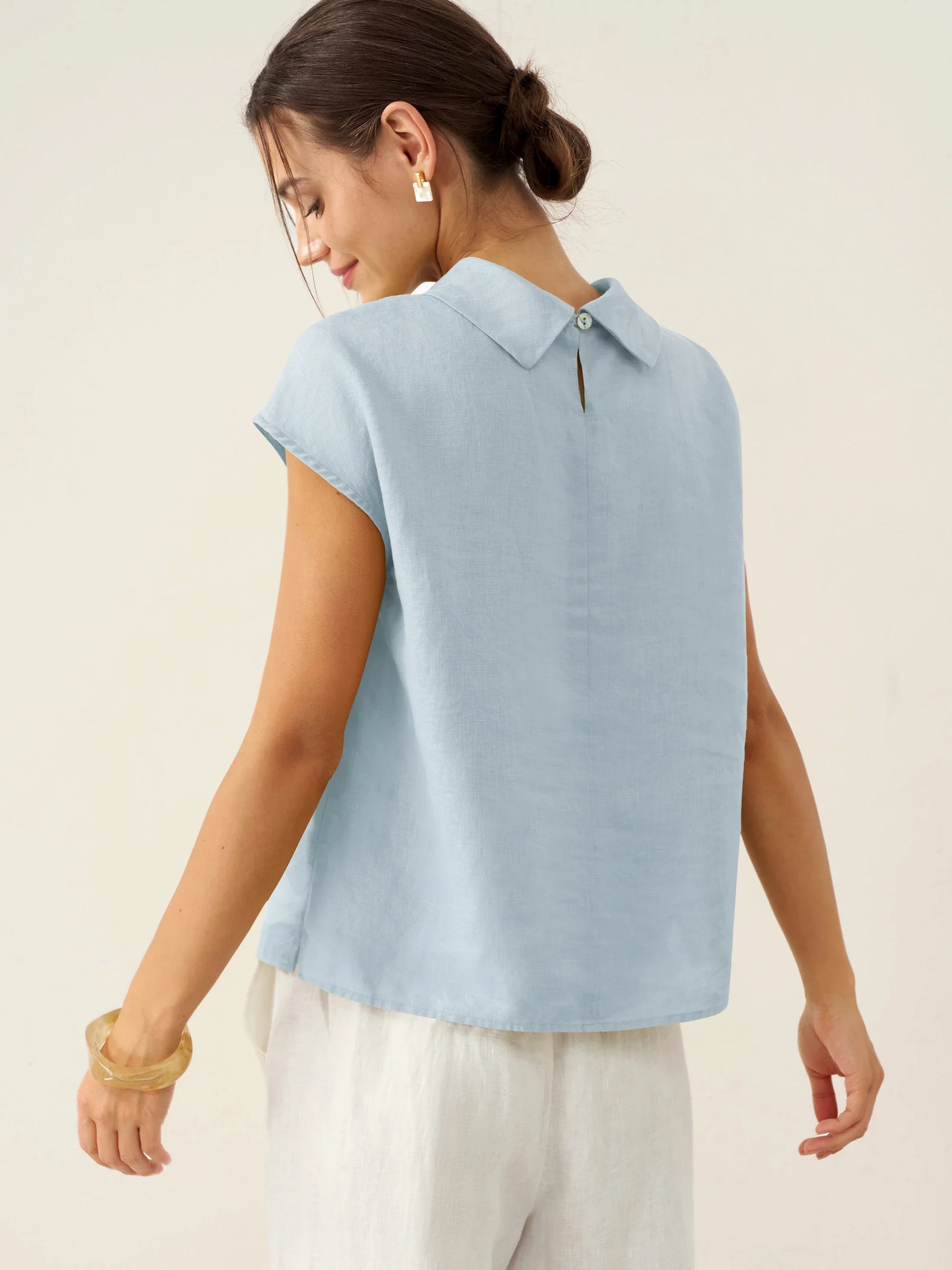 100% Linen Cap Sleeve Soft-Fold Collar Top YVONNE - Glamourous Grace