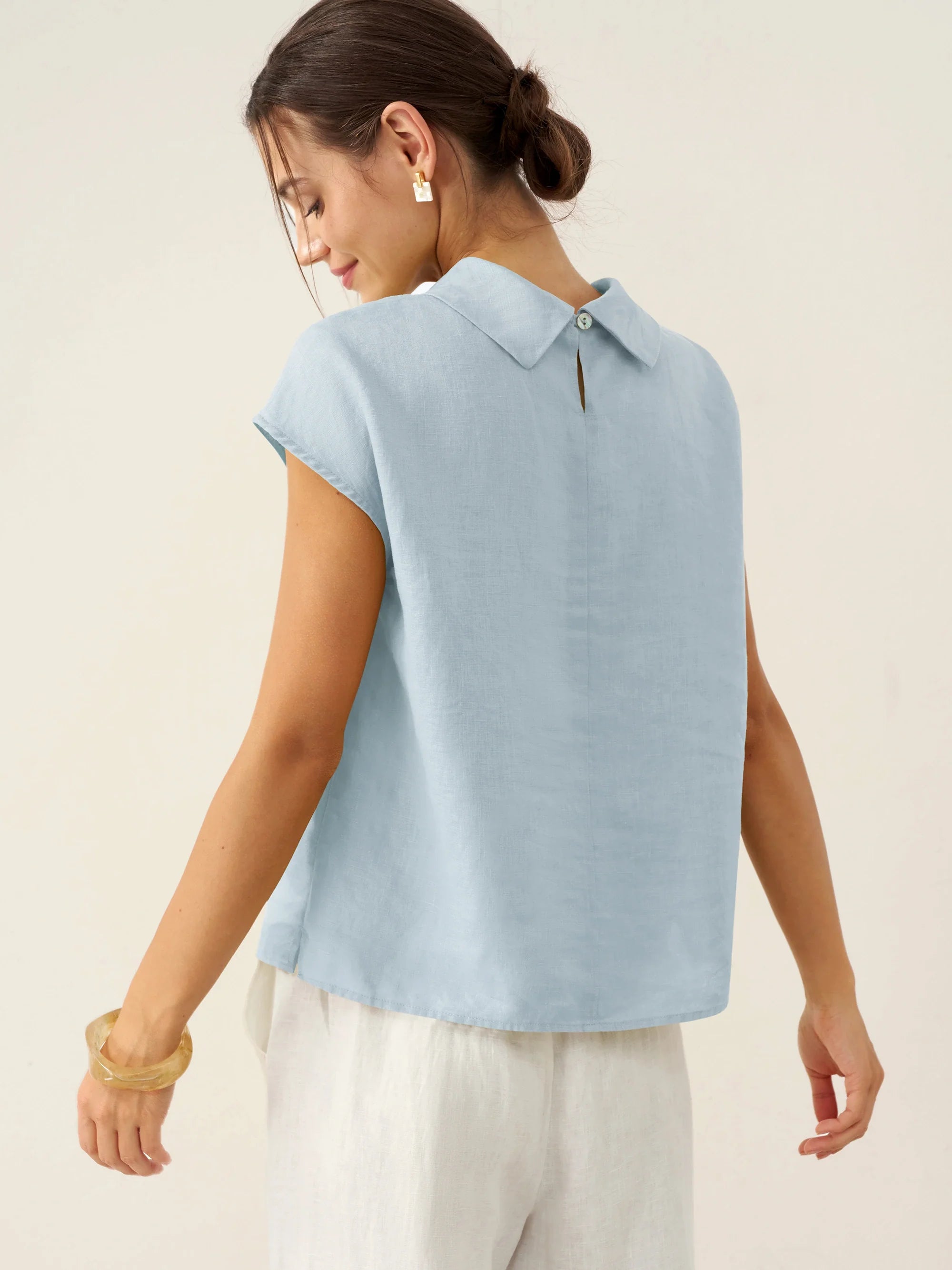 100% Linen Cap Sleeve Soft-Fold Collar Top YVONNE - Glamourous Grace