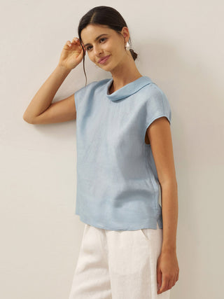 LINTICO 100% linen cap sleeve top with soft fold collar in ice blue, stylish and lightweight blouse for casual wear