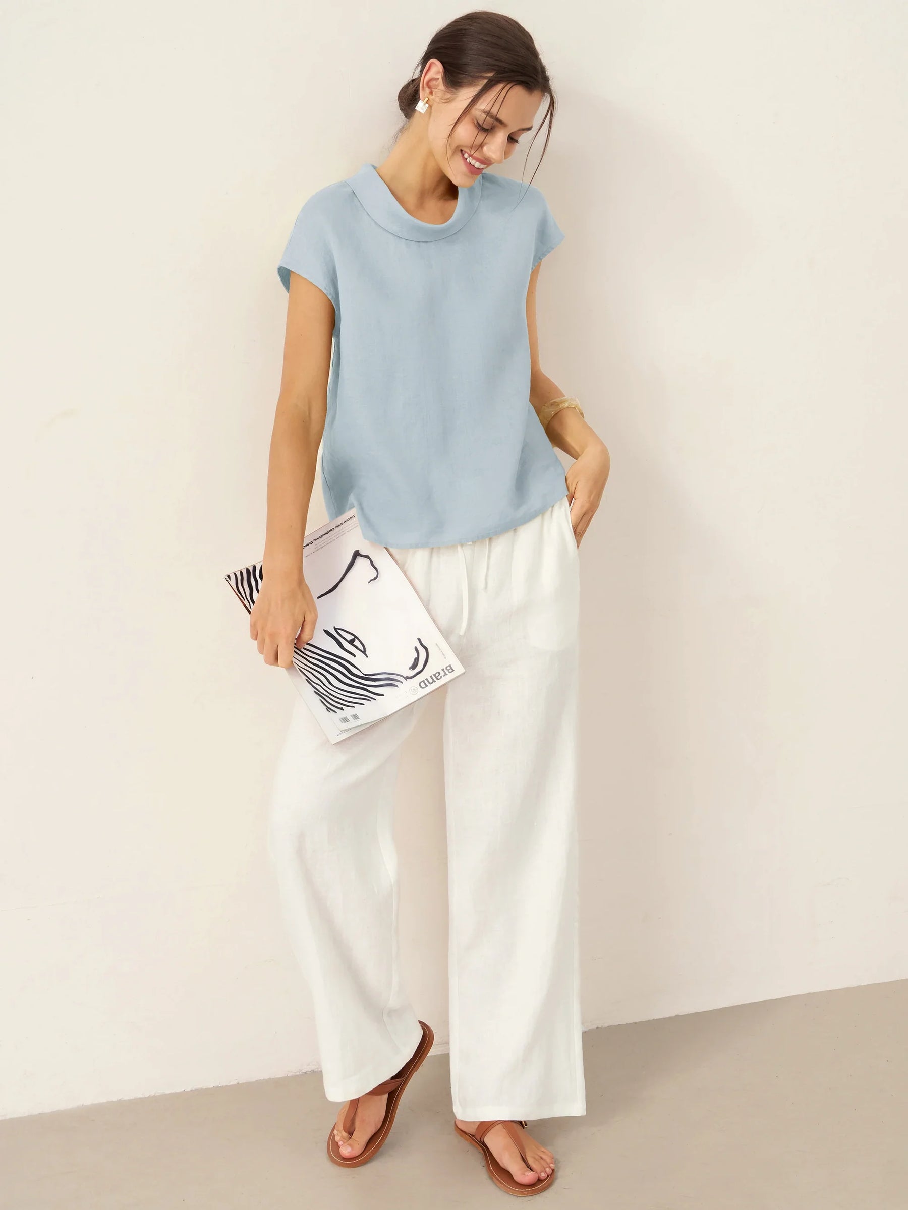 100% Linen Cap Sleeve Soft-Fold Collar Top YVONNE - Glamourous Grace