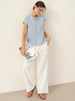 100% Linen Cap Sleeve Soft-Fold Collar Top YVONNE