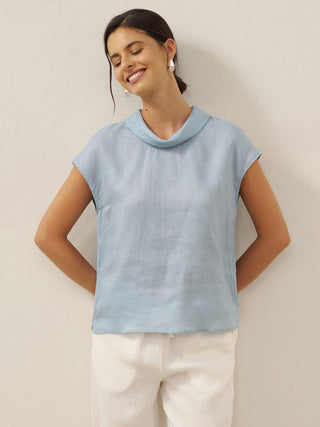 LINTICO ice blue linen top with cap sleeves and soft fold collar, lightweight blouse for casual or summer wear.
