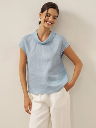 LINTICO 100% linen cap sleeve top with soft fold collar in ice blue, lightweight and breathable blouse for casual wear.