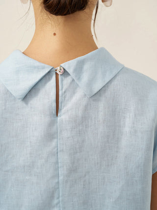 LINTICO Ice Blue linen top with cap sleeves, soft fold collar, lightweight blouse perfect for casual or summer wear