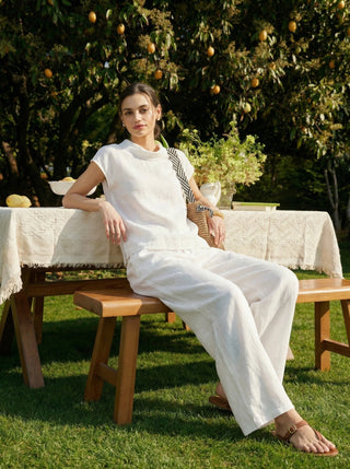 LINTICO Yvonne linen cap sleeve top with soft fold collar, lightweight, natural fabric, casual blouse for warm weather.