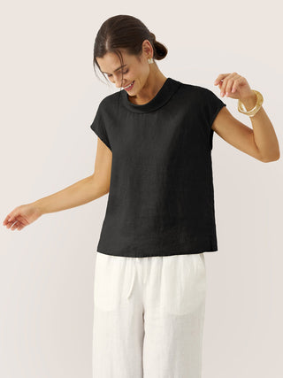 LINTICO YVONNE charcoal black 100% linen cap sleeve top with soft fold collar, casual blouse, lightweight and breathable fabric