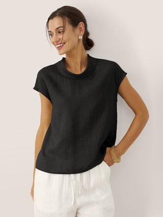 LINTICO YVONNE 100% linen cap sleeve blouse with soft fold collar in charcoal black, lightweight and breathable fabric.