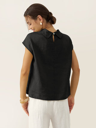 LINTICO Yvonne charcoal black linen cap sleeve top with soft fold collar, lightweight and stylish blouse for casual wear.